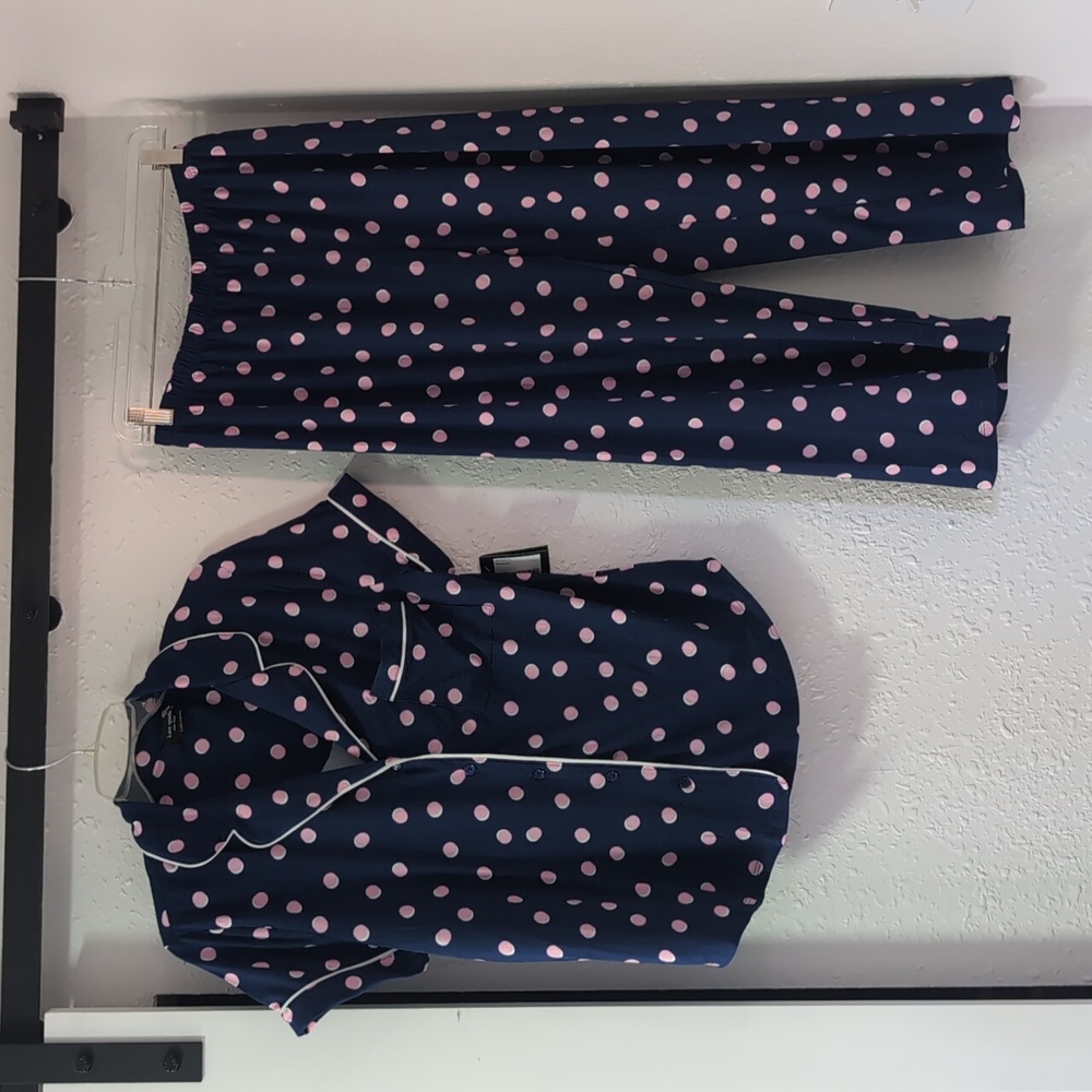 NWT KATE SPADE - Navy Pink Dot Pajama Set, Women's Large, Short Sleeve & Pants